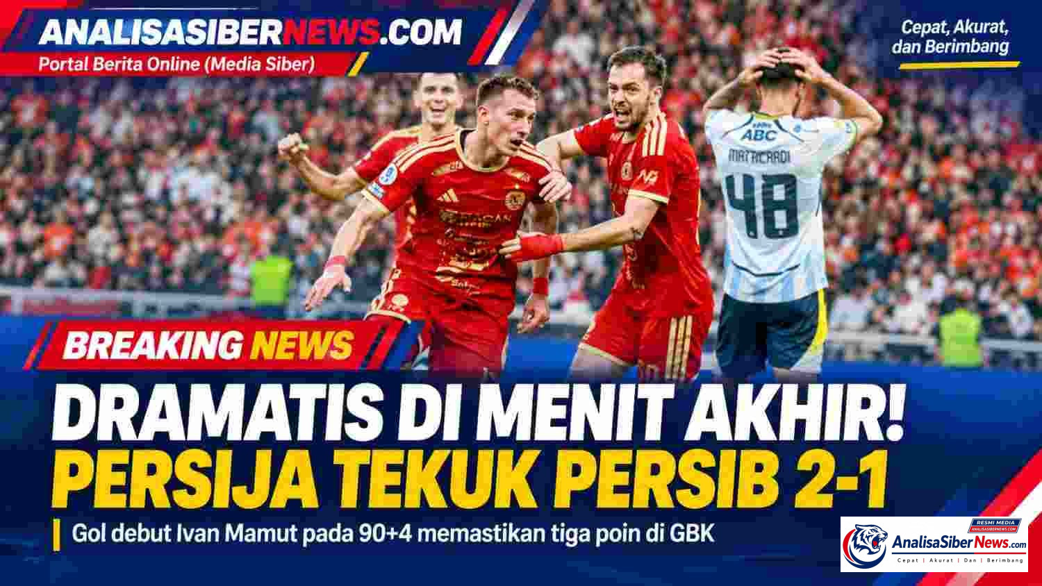 Pertandingan sepak bola Persija vs Persib di GBK dengan pemain merayakan gol.