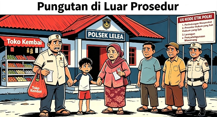Sejumlah warga dan petugas di depan Polsek Lelea terkait pungutan ilegal.