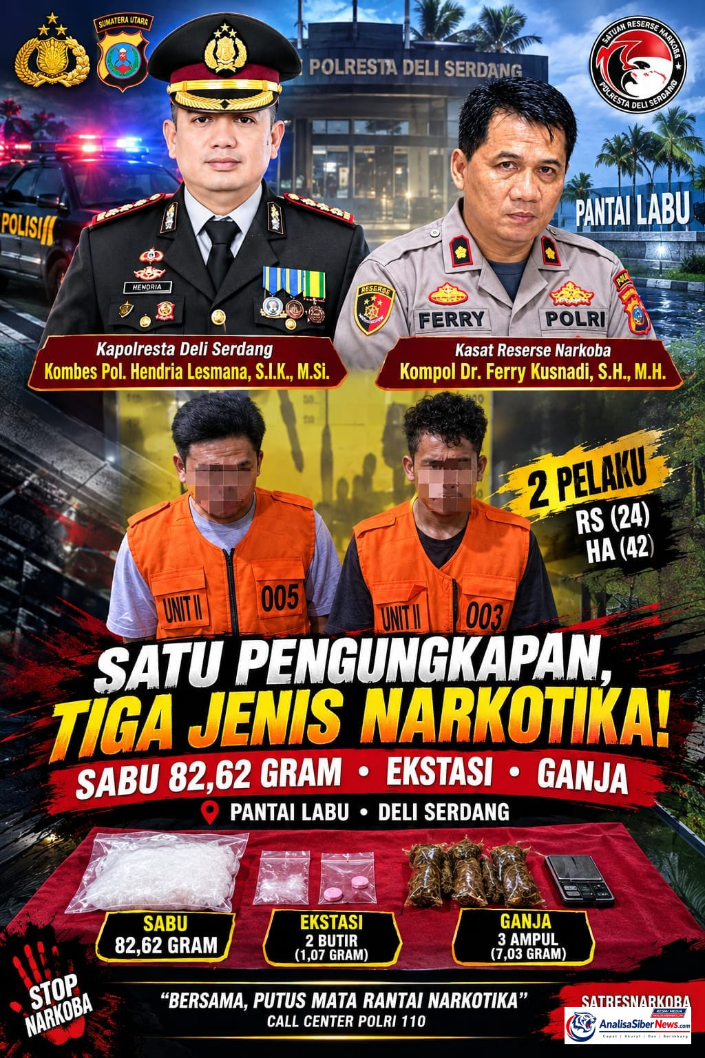 Polisi dan tersangka narkoba di Deli Serdang dengan barang bukti.